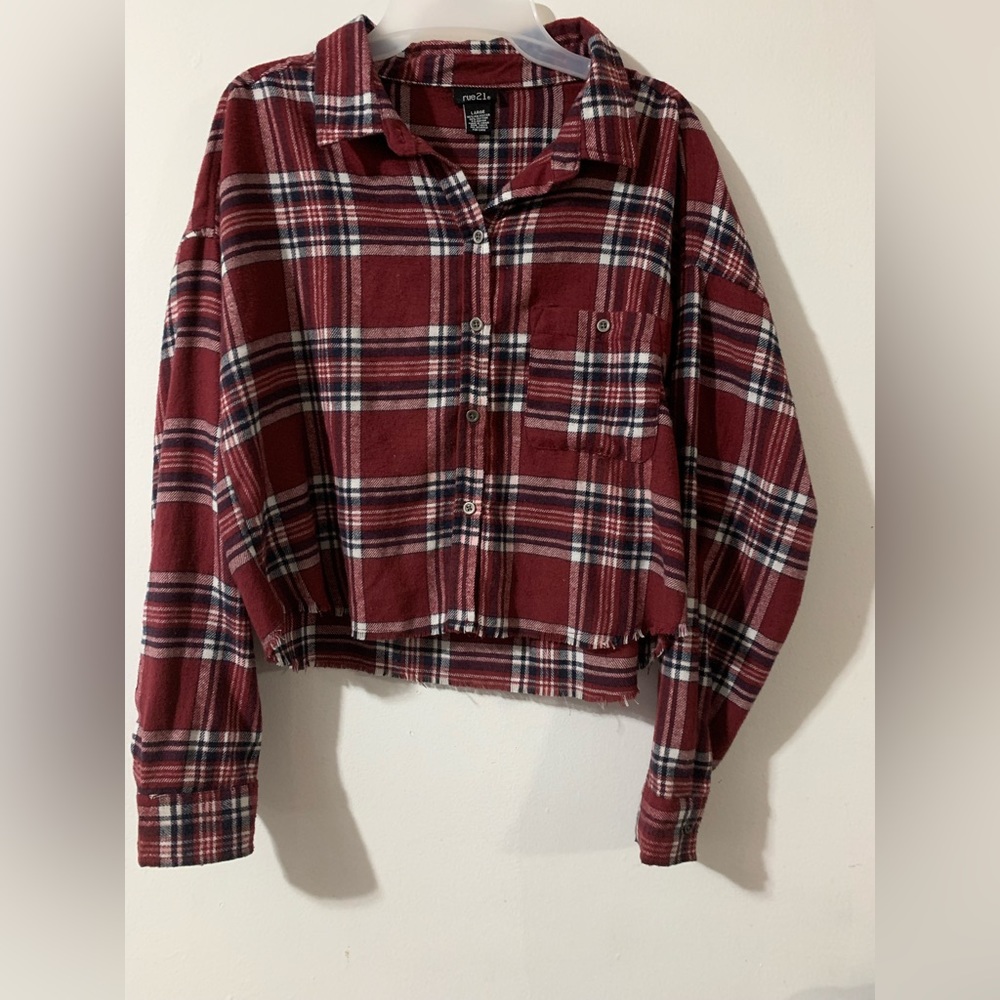 Red plaid cropped flannel button up